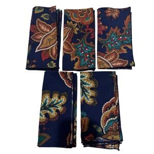 Navy Blue Jacobean Print Cloth Dinner Napkins Set of 5 Cotton Botanicals Florals